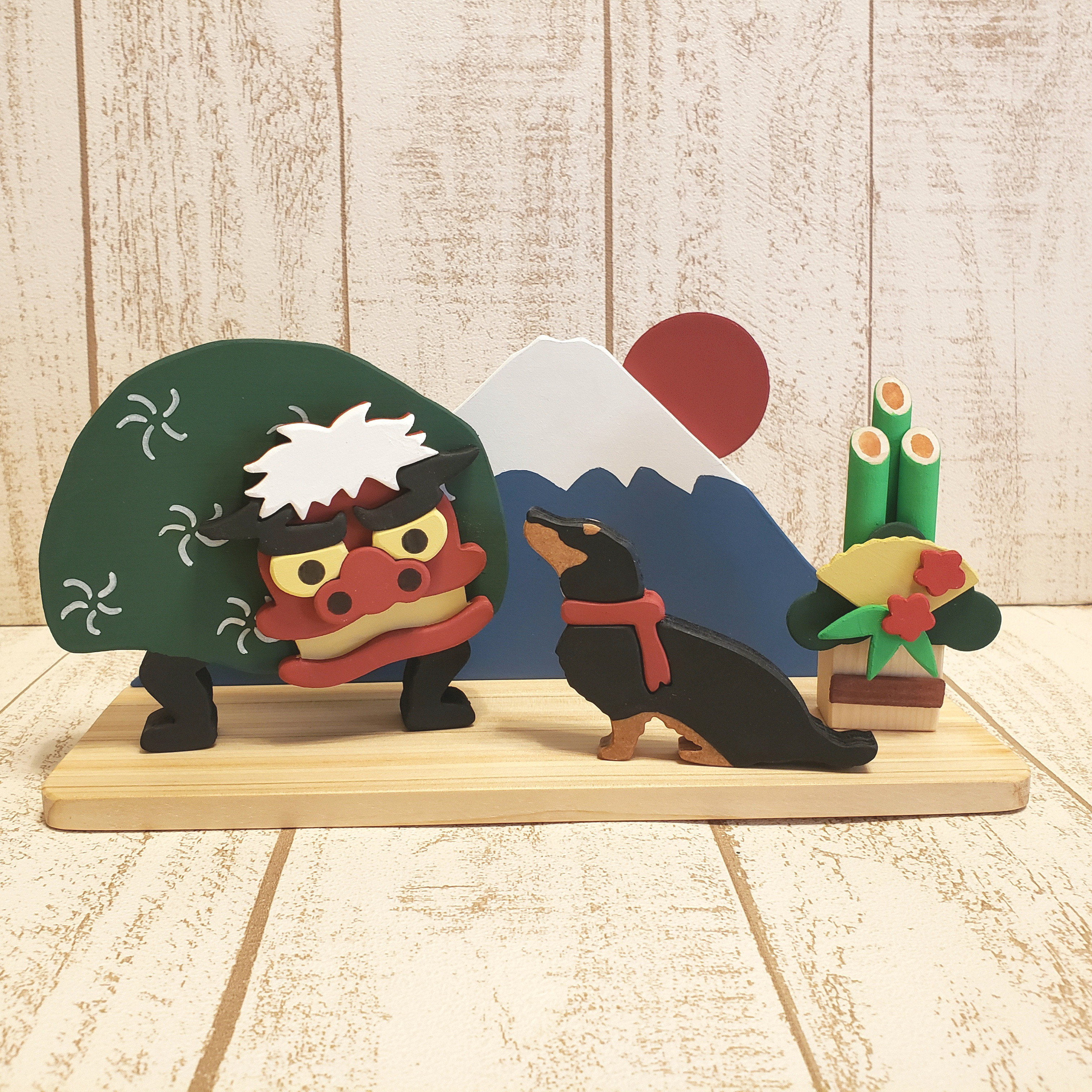 受注制作☆お正月☆ブラックタン ダックスと獅子舞がいる正月飾り☆謹賀新年☆元旦