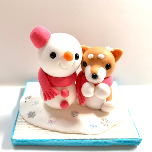 ☆わんちゃんのお友達が出来たよ！(受注生産) 樹脂粘土 置物 雪だるま