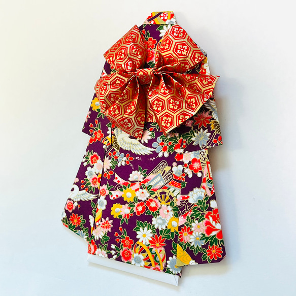 着物のお祝い袋480 ご祝儀袋　紫地　鶴　牡丹　桜 5枚目の画像