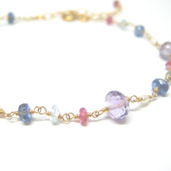 14KGF 紫水晶、藍晶石、海藍寶石、碧璽、淡水珍珠手鍊 第2張的照片