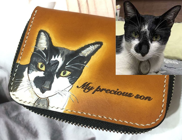 【客製化禮物】貓狗彩繪拉鏈零錢包 真皮全手縫 第2張的照片