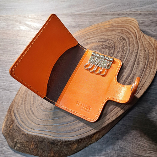 鮮やかなオレンジ色 栃木レザーのキーケース ◇本革 免許証など カード