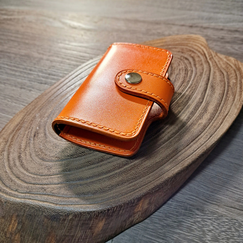 鮮やかなオレンジ色 栃木レザーのキーケース ◇本革 免許証など カード