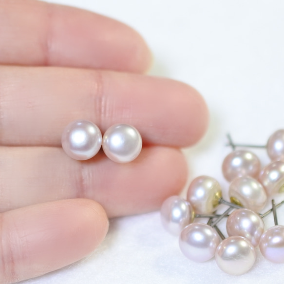 ピンク淡水パールの一粒ピアス（大・7.5～8mm・チタンポスト） 4枚目の画像