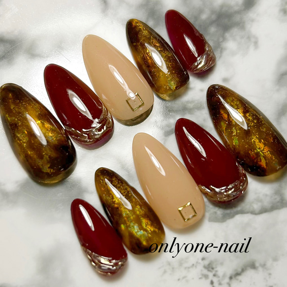 106】大人秋冬♡琥珀風♡奥行きべっ甲ネイル♡ボルドー ネイルチップ