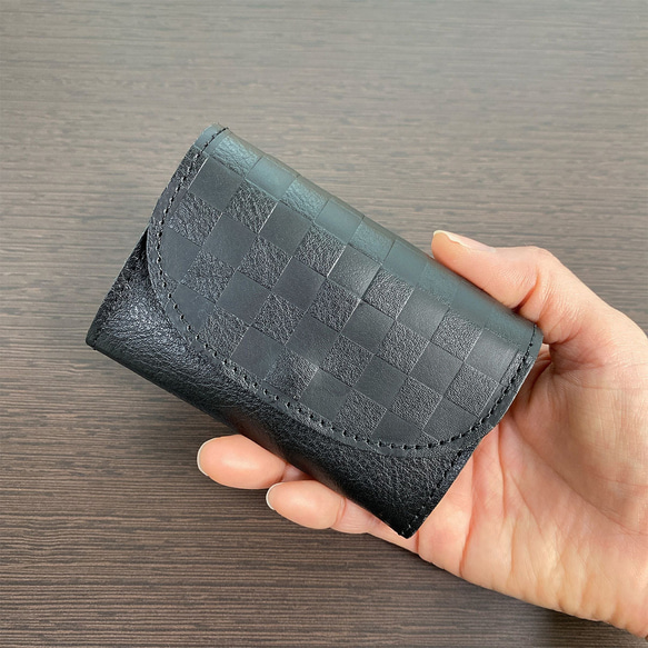 市松×牛革 カードケース 小銭入れ  ミニ財布 コンパクト財布 3枚目の画像