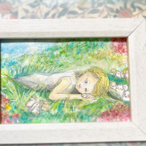 森田リナ 作 野菊図 和紙 アクリル画 原画 ハンドメイド 水彩画 原画 「花の咲く路地14」額縁付き F6サイズ 風景画 絵画 透明