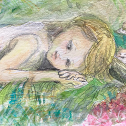 草原に寝転がる女の子　動物たち　白　りす　原画　ハンドメイド　ナチュラル　 1枚目の画像