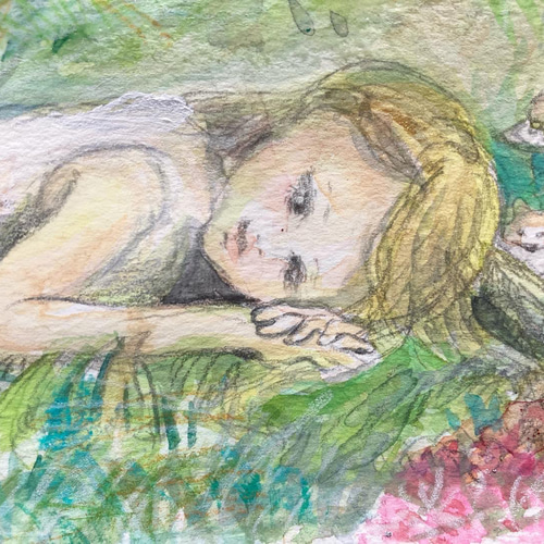 草原に寝転がる女の子 動物たち 白 りす 原画 ハンドメイド ナチュラル 