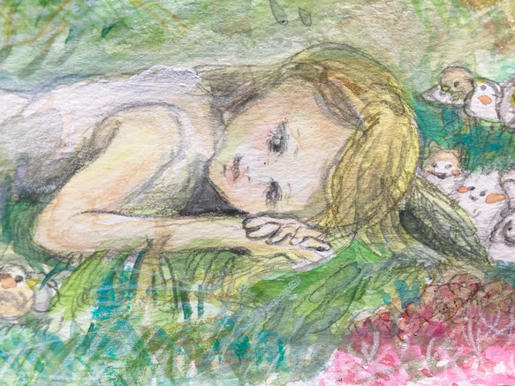 草原に寝転がる女の子 動物たち 白 りす 原画 ハンドメイド ナチュラル