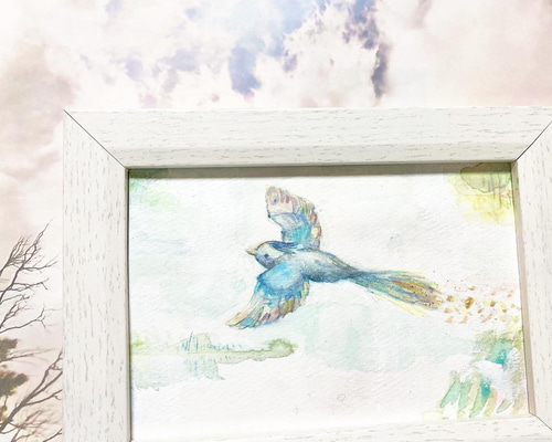 青い鳥 小鳥 鳥 幸福 開運 和風 絵画 アート 絵葉書 原画 水彩画