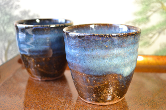 【再入荷！】コスモブルー　フリーカップ　湯呑み2個組　★萩焼　ギフト 14枚目の画像