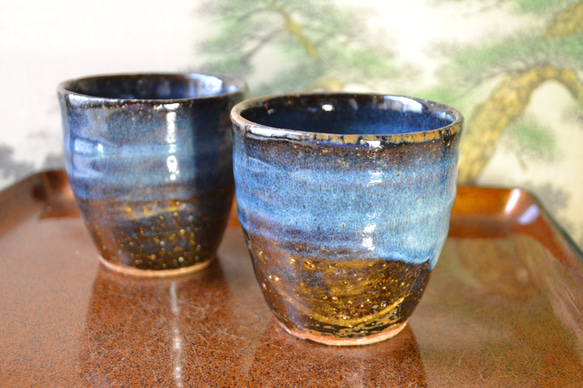 【再入荷！】コスモブルー　フリーカップ　湯呑み2個組　★萩焼　ギフト 1枚目の画像