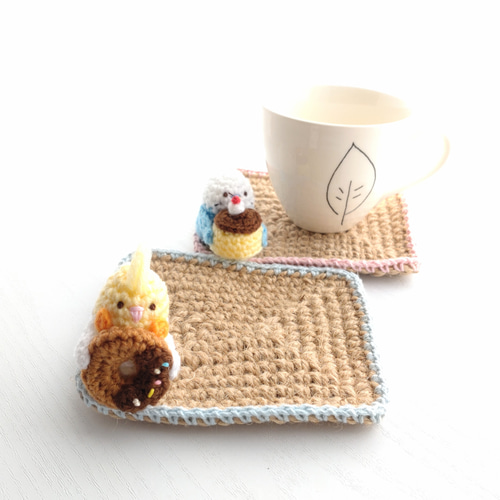 コースター　３枚セット　インコ　スイーツ　チェック コースター3枚セットインコスイーツチェック