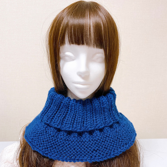 ネックウォーマー　ブルー　手編み　男女兼用　なんちゃってセーター　スヌード　リブ 1枚目の画像