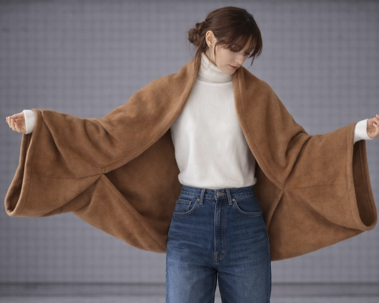 秋冬3way大人の高級メルトンフリースストール／ストールにもアウターにもブランケットにも使い方色々／キャメル