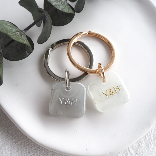 両面文字入可【くすみ×マーブルS】全5色 名入れ レジン キーホルダー