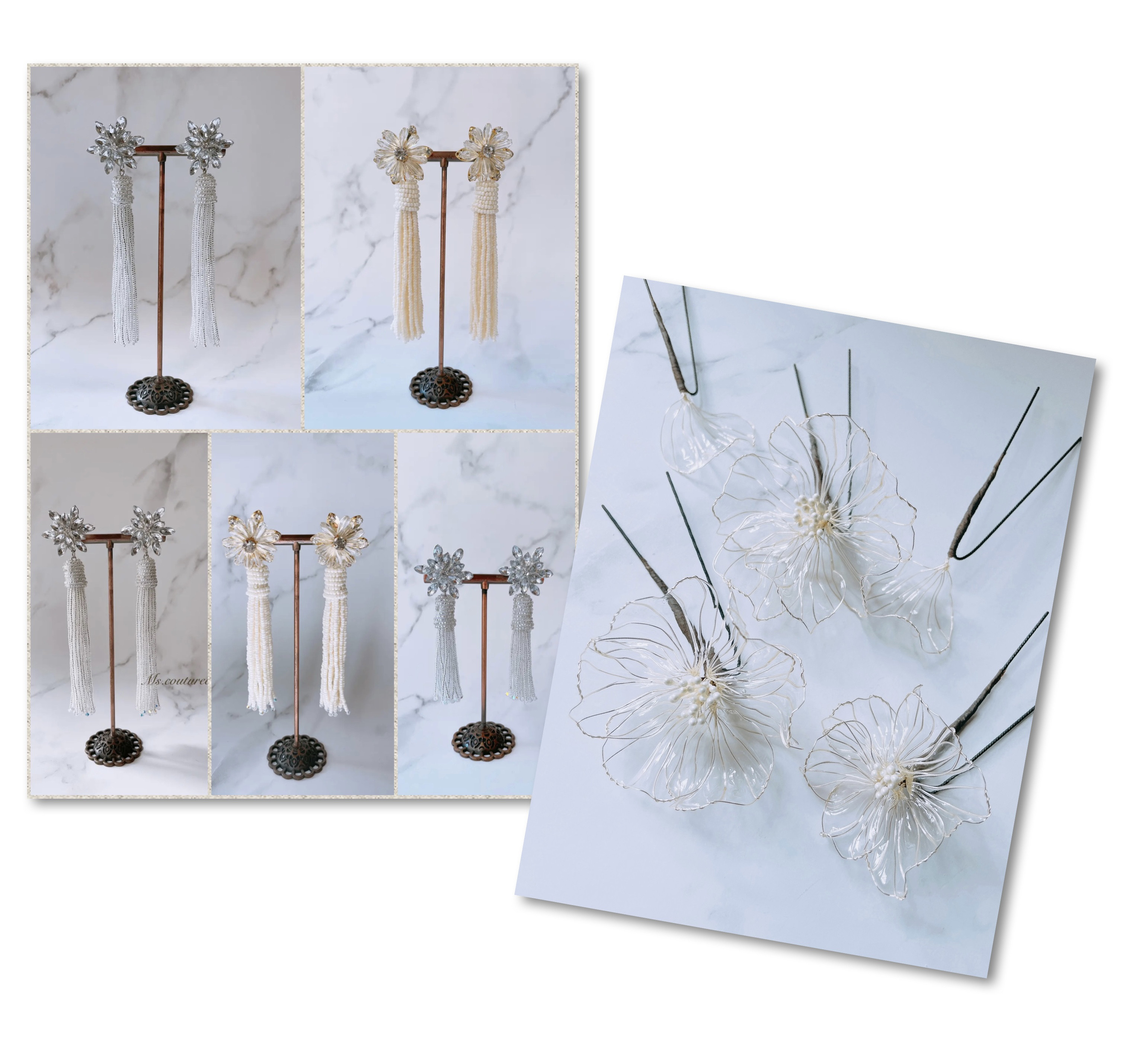 【THANKS SET】シルバーワイヤー×クリアー⌘花芯ホワイト＋選べるピアス５種