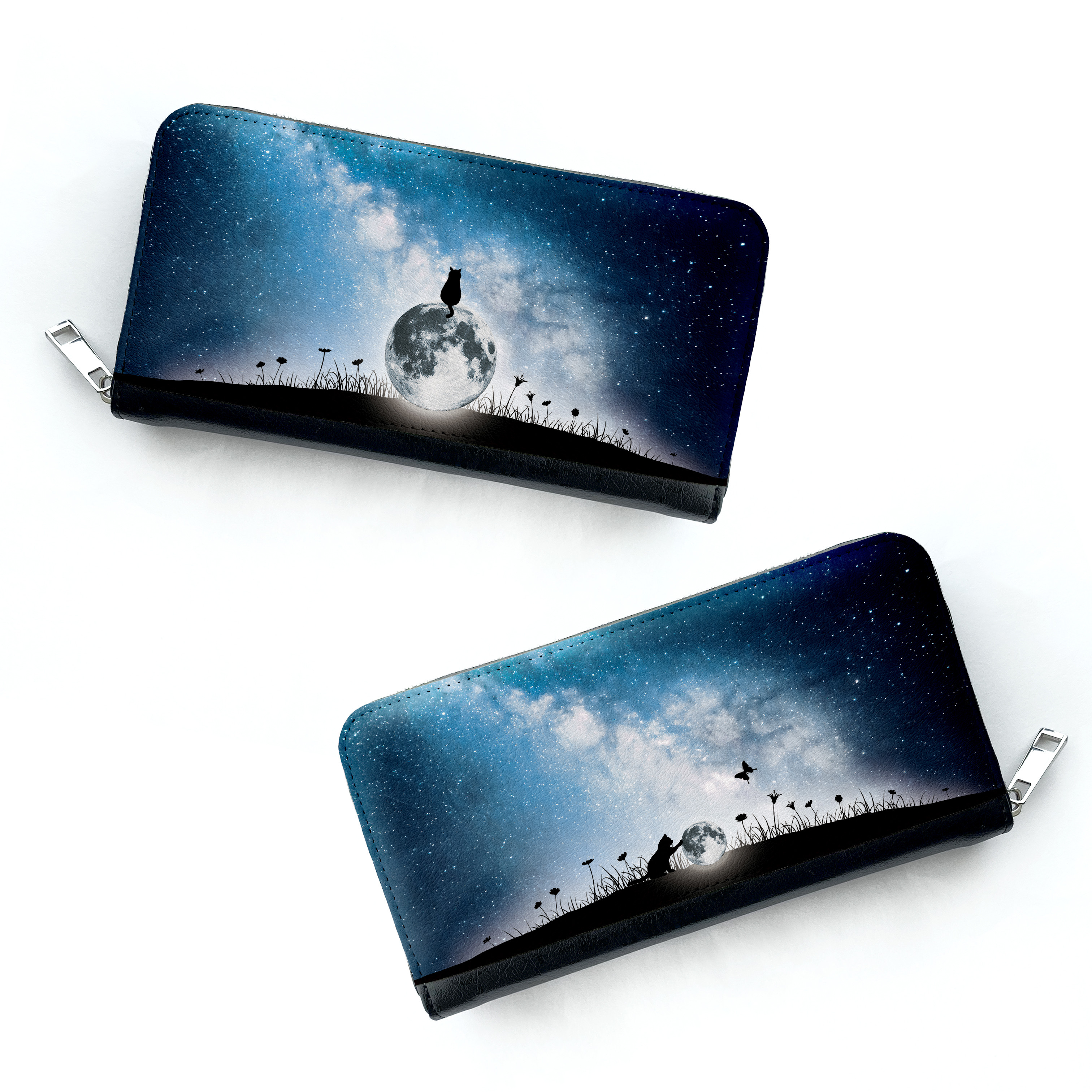 月と猫　長財布　ねこ　月　天の川　星空　星
