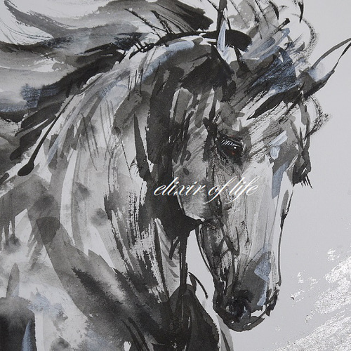 武士と馬の水墨画色紙サイズ　フレームなし 水を飲む馬（A4サイズ、墨絵、水彩画用紙、墨、金箔） 絵画