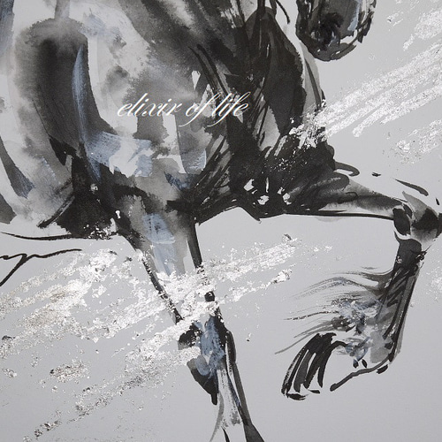 【墨絵】原画販売 銀の風：A grey horse 2022（墨絵、水彩画用紙、34，5cm