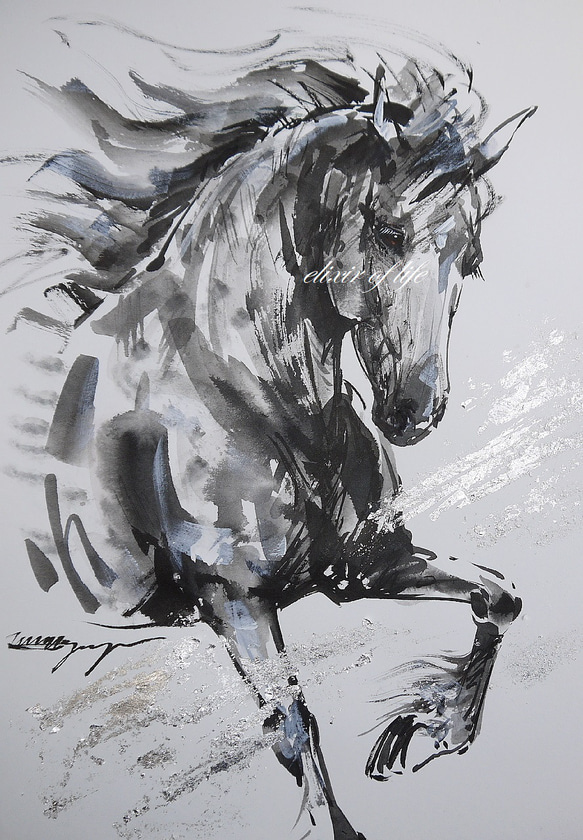 銀の風：A grey horse 2022（墨絵、水彩画用紙、34，5cm