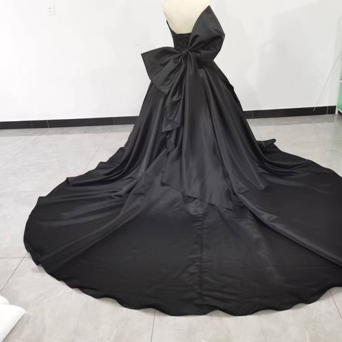 色直し パーティードレス 黑 ベアトップ リボン サテン スレンダー  