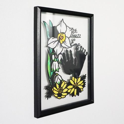 切り絵貼り絵和紙花の絵 シルバー額縁付き