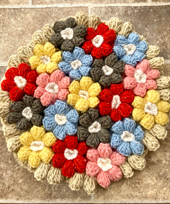 毛糸の円座ざぶとん◇ふんわり座布団お花モチーフ、黄色ミックス