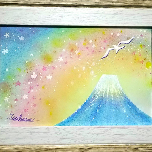 パステルアート 桜舞う虹色の富士山 パステル画原画 絵画 T's パステルアート 桜舞う虹色の富士山 パステル画原画 絵画 T's