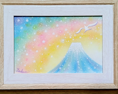 パステルアート 桜舞う虹色の富士山 パステル画原画 絵画 T's Arts