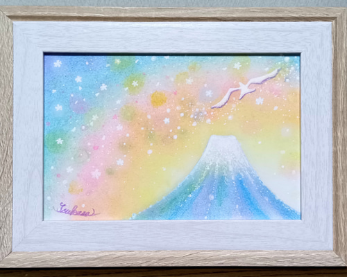 パステルアート 桜舞う虹色の富士山 パステル画原画 絵画 T's Arts