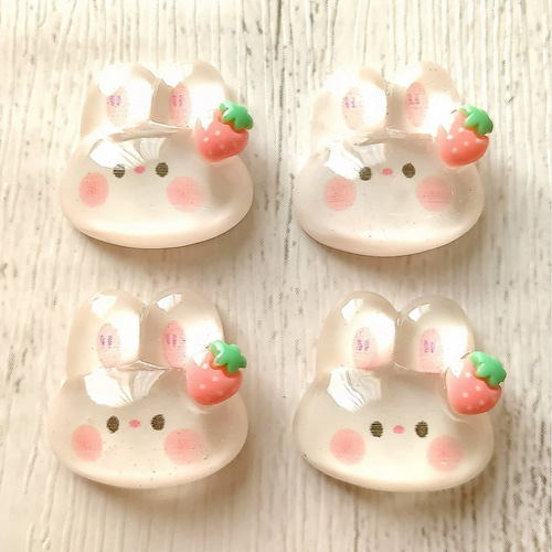 再販 デコパーツ 4個 透明 うさぎ ① 顔 いちご ぷっくり