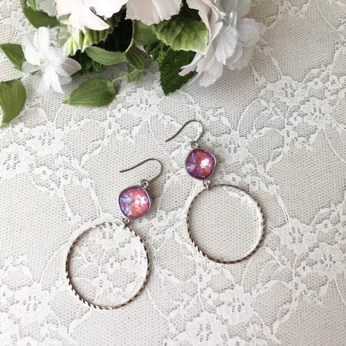 ハンドメイド 大きなガラスビジューと大きなリングのキラキラBIGピアス  