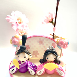 ☆桃の花とお雛様(受注生産)　樹脂粘土　置物　ひな人形 1枚目の画像