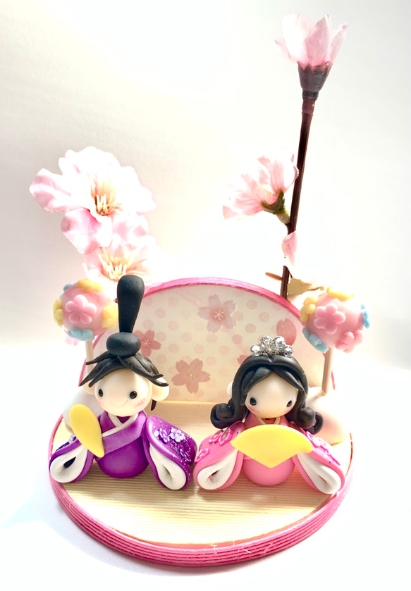 ☆桃の花とお雛様(受注生産)　樹脂粘土　置物　ひな人形 1枚目の画像