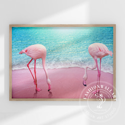 アートポスター フラミンゴ ピンク ビーチ 海 ターコイズブルー 南国