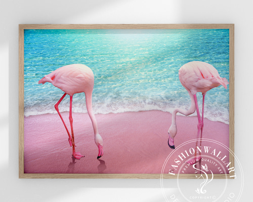 アートポスター フラミンゴ ピンク ビーチ 海 ターコイズブルー 南国