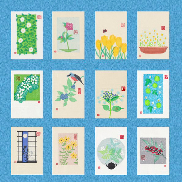 手刷り木版画】月の葉書（裏庭の風景）因州和紙（山根はがき）12枚