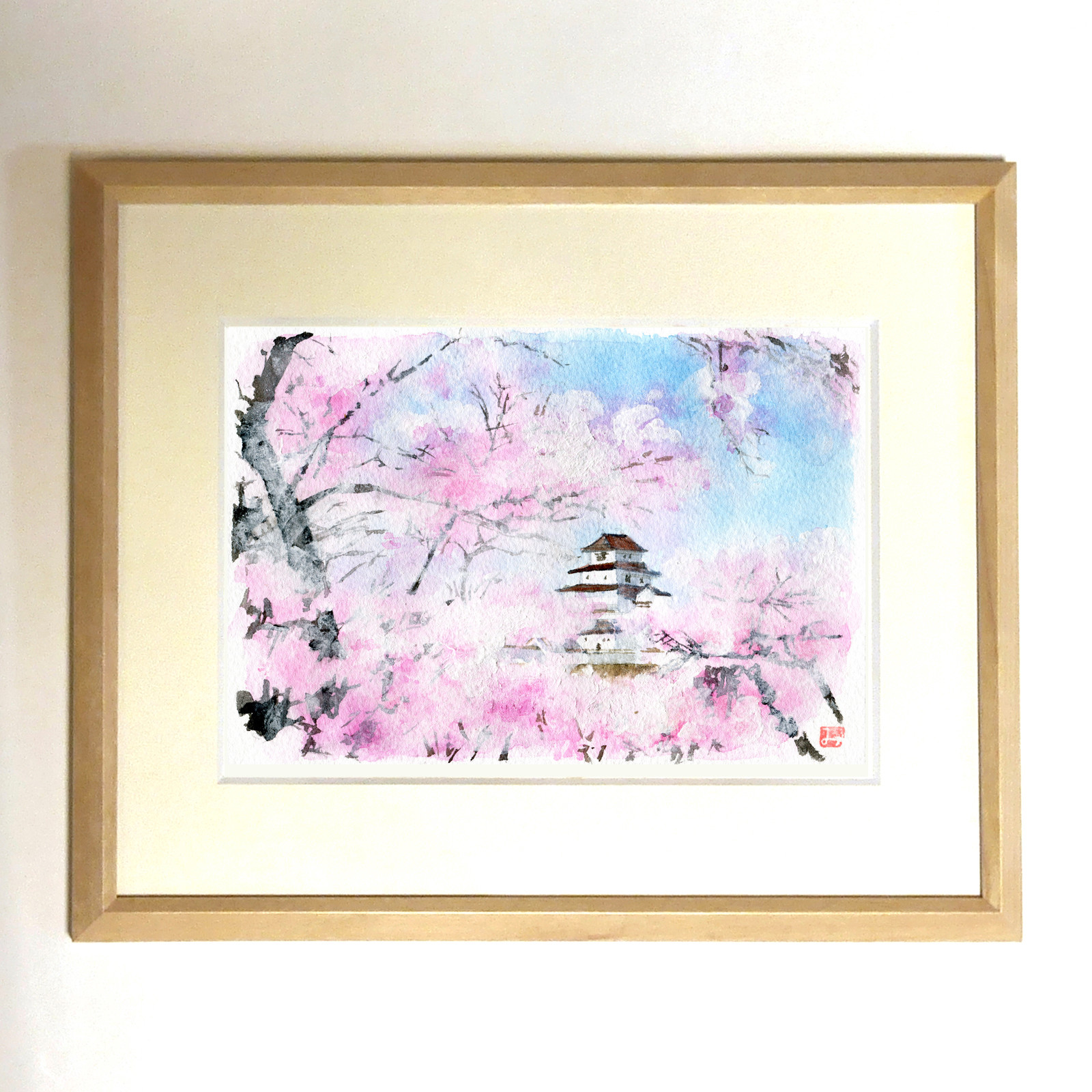 水彩風景画 額装品（ジークレープリント） 『鶴ヶ城爛漫』 絵画