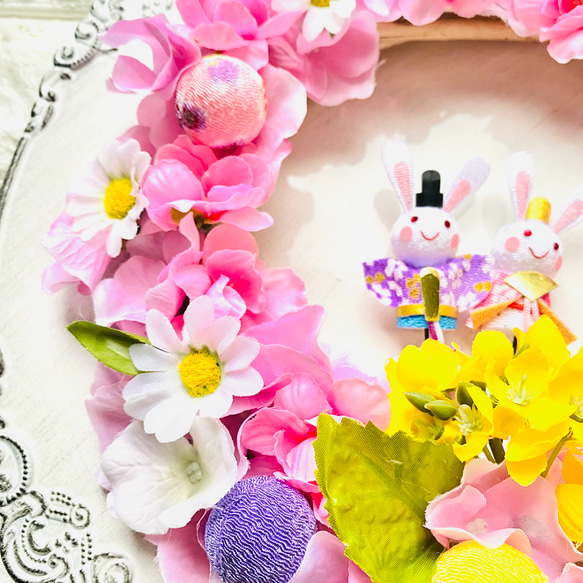 桃の節句　うさぎ雛のひな祭りリース　ひなまつり　3月3日　女の子　桃　菜の花　ピンク　可愛い　誕生日　雛人形　プレゼント 4枚目の画像