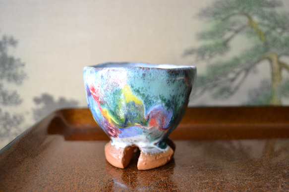 再入荷！】割高台 ぐい呑み(南仏の光) レインボー ＊酒器 ☆萩焼 陶器