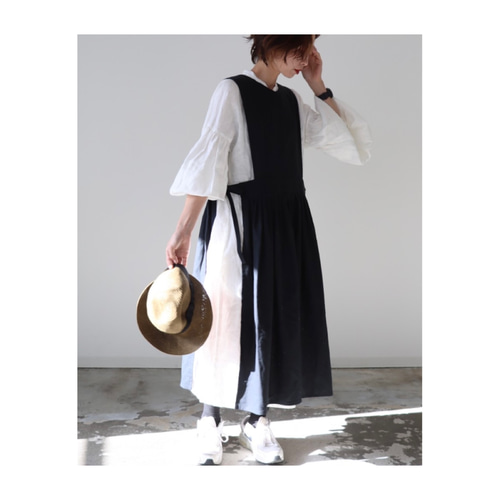 フレンチリネン両サイドリボン2wayギャザーエプロンドレス