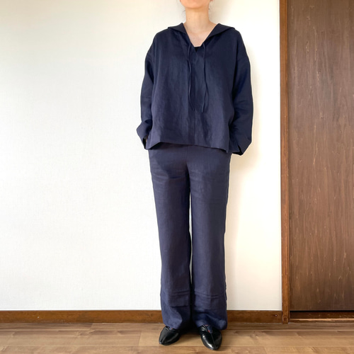 リネン セーラーカラーシャツ ネイビー【セットアップにも】 ブラウス  