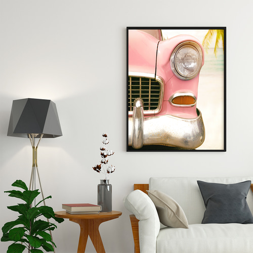 ピンクのクラシックカー アートポスター レトロ感 ヴィンテージ風  
