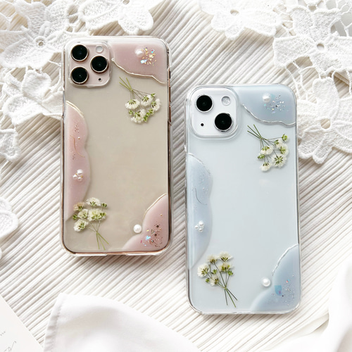 くすみニュアンスカラー かすみ草ミニブーケ 押し花スマホケース 