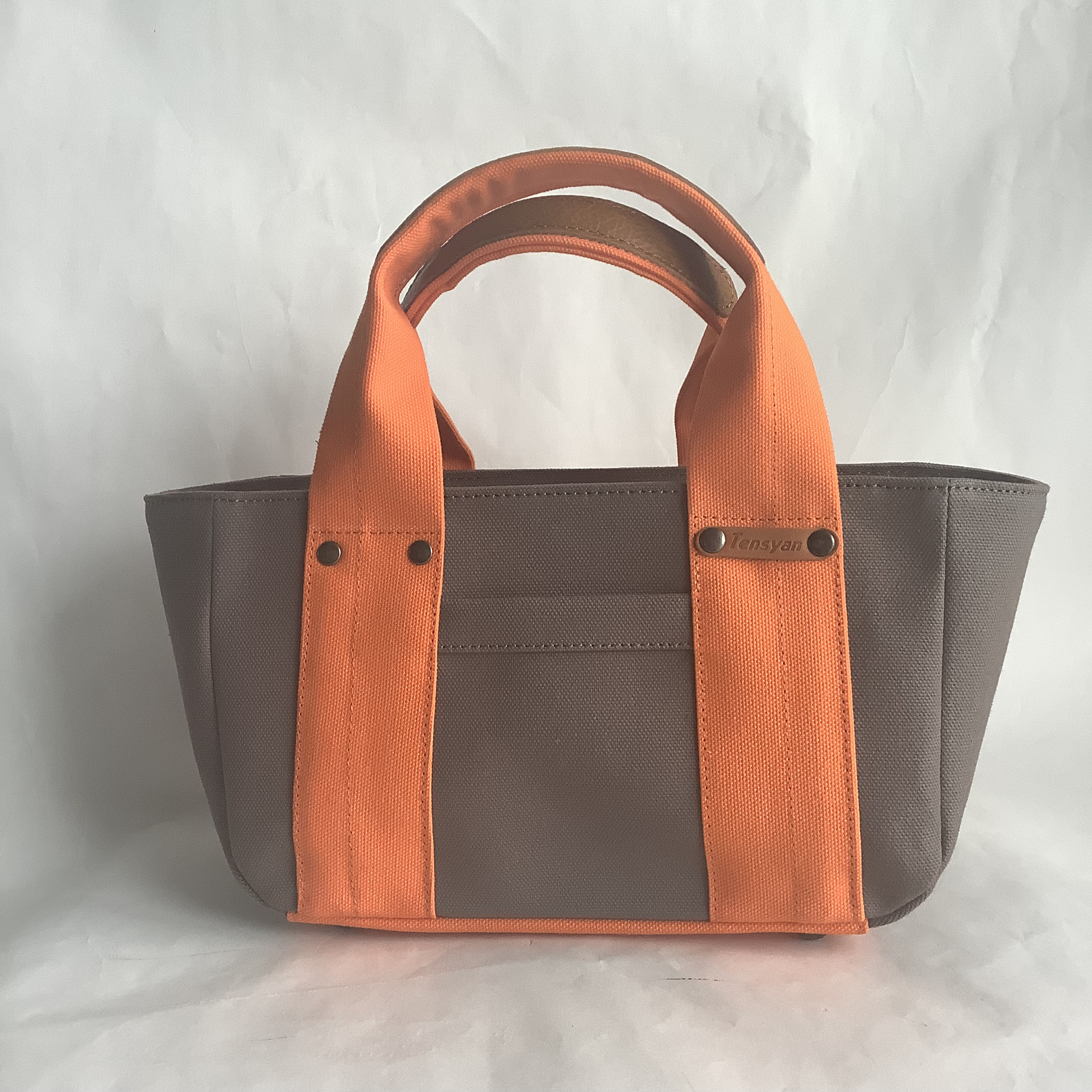 Sサイズ◇コロンと丸い帆布の横長トート・チャコールグレー＋オレンジ・マチ12