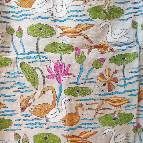 タッサーシルクストール　総刺繍　手刺繍　カンタ カンタ刺繍 プレミアムタッサーシルク大判ストール ハムサ ストール