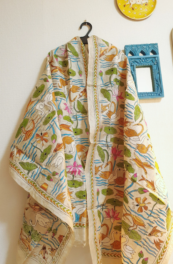 野蚕シルクストール　カンタ　手刺繍　翡翠色の渋め　タッサーシルクストール 野蚕シルクストールカンタ手刺繍翡翠色の渋めタッサーシルクストール