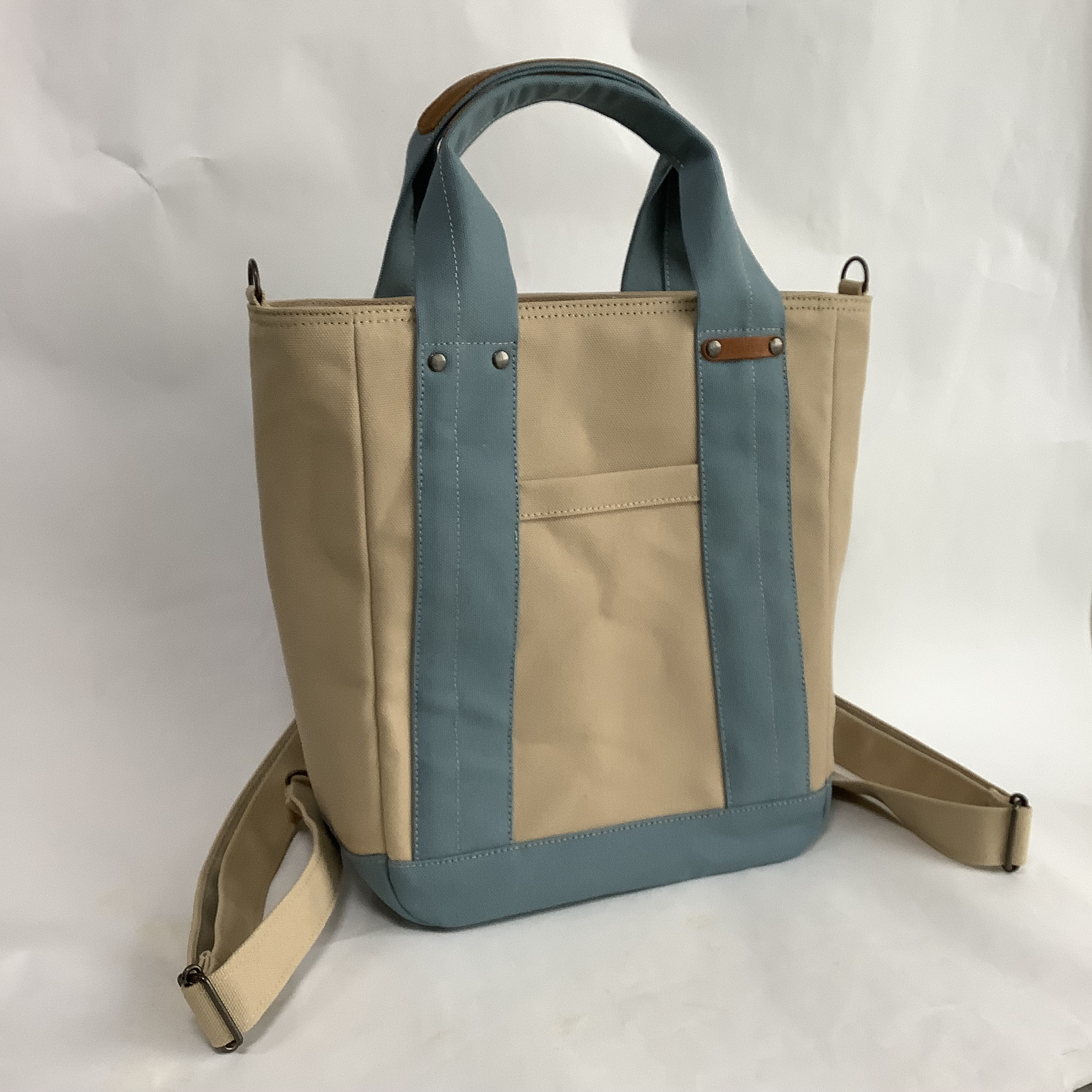 3WAY◇コロンと丸い帆布のショルダーリュック・ミルクティ＋オールドブルー・マチ12